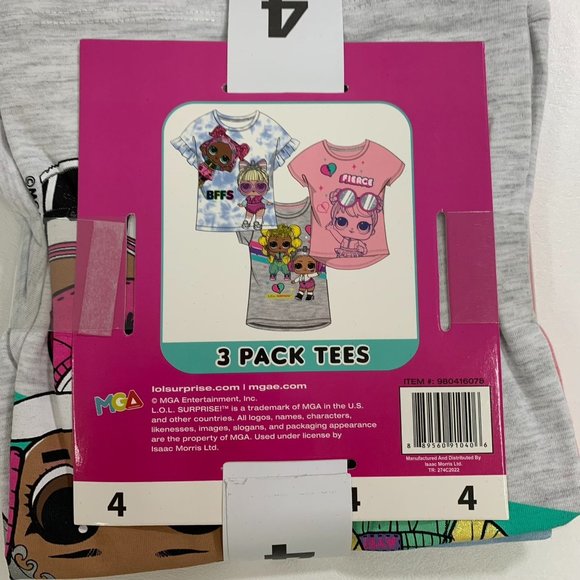 LOL Surprise Girls 3-pack Tees 4 Short Sleeve Graphic Print T-Shirts Size 4 - Picture 3 of 5